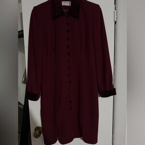 Kasper Burgundy Long Sleeve Button-Front Dress with Velvet Trim